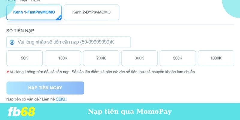 Nạp tiền qua MomoPay