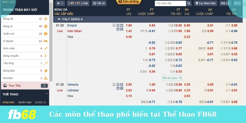 Các môn thể thao phổ biến tại Thể thao FB68